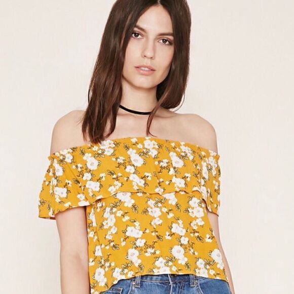 EUC Forever 21 Boho Yellow Floral Off Shoulder Top - Picture 1 of 7